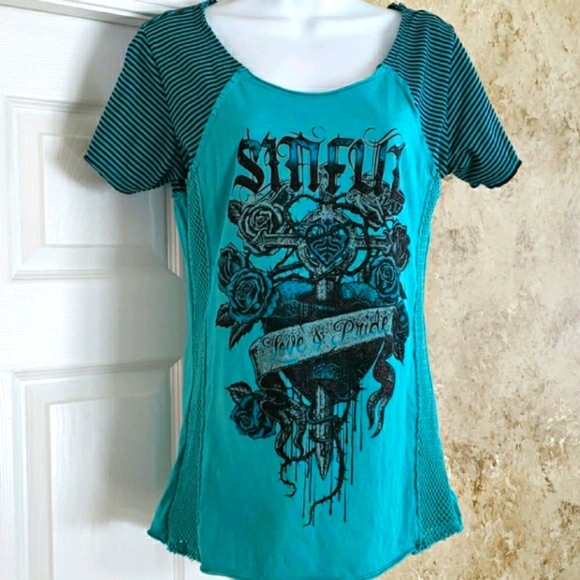 Sinful Tops - Sinful Shirt Love & Pride stretchy netting on side & roomy  worn 1x hung dried